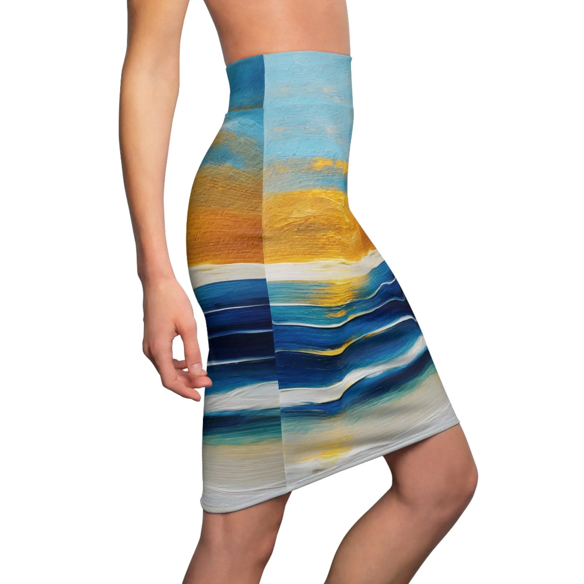 Womens Pencil Skirt - Blue Ocean Golden Sunset