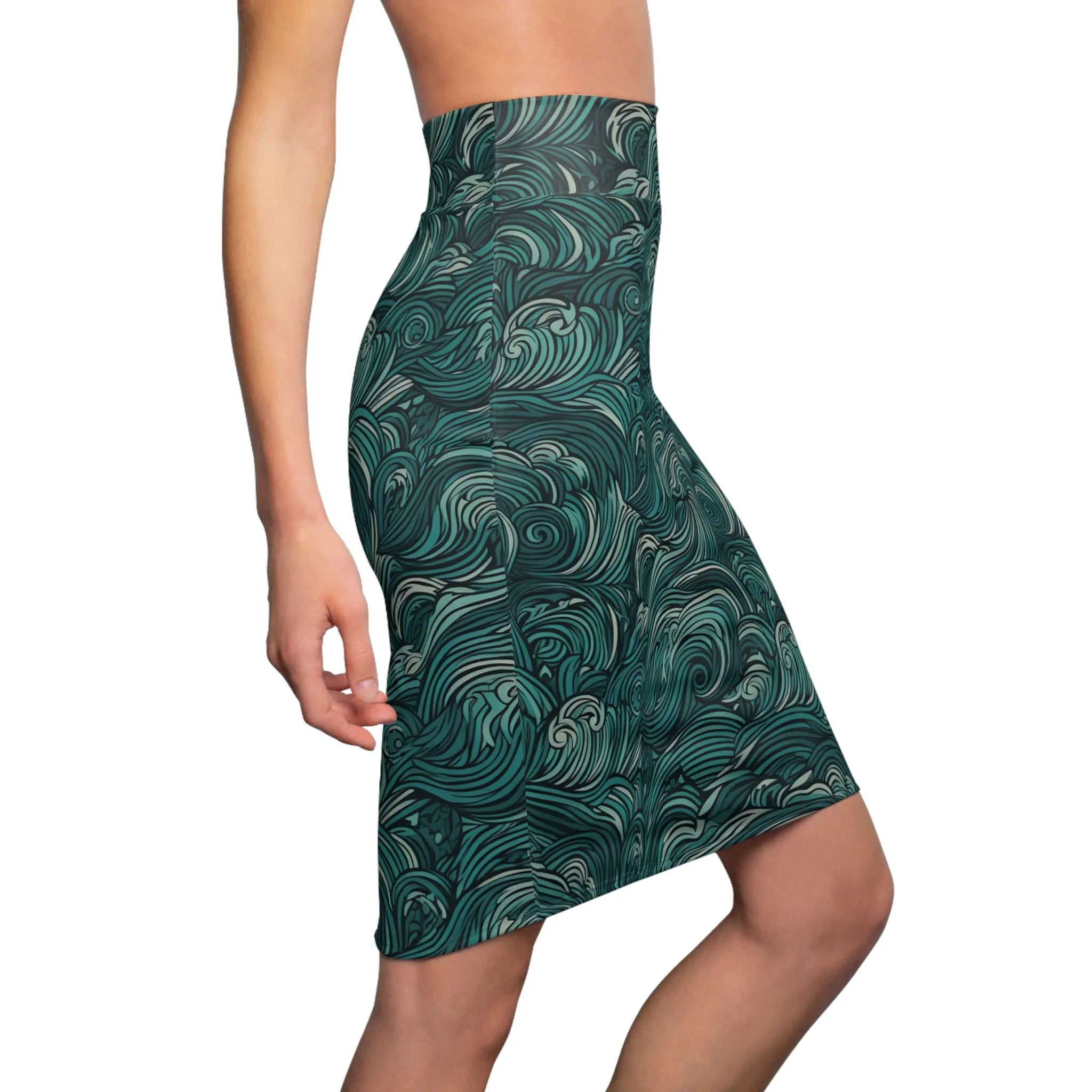 Womens Pencil Skirt - Water Wave Mint Green Illustration