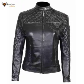 Womens Real Lambskin Leather Slim Fit Ladies Black Quilted Bikers Jacket