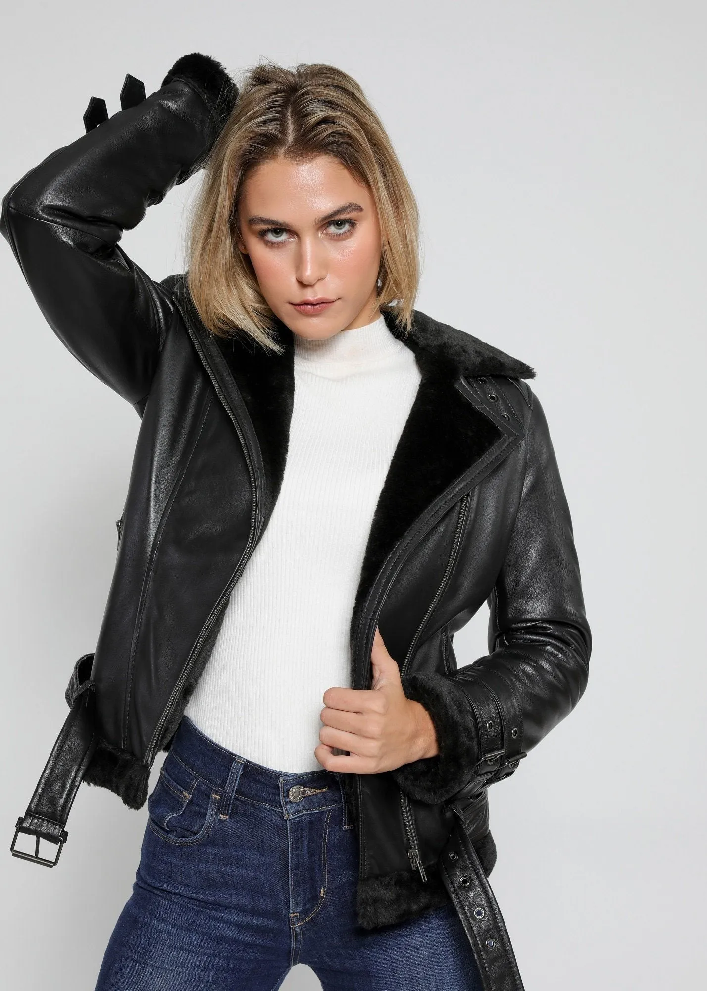 Women's Sylvia Black Shearling Fur Leather Jacket