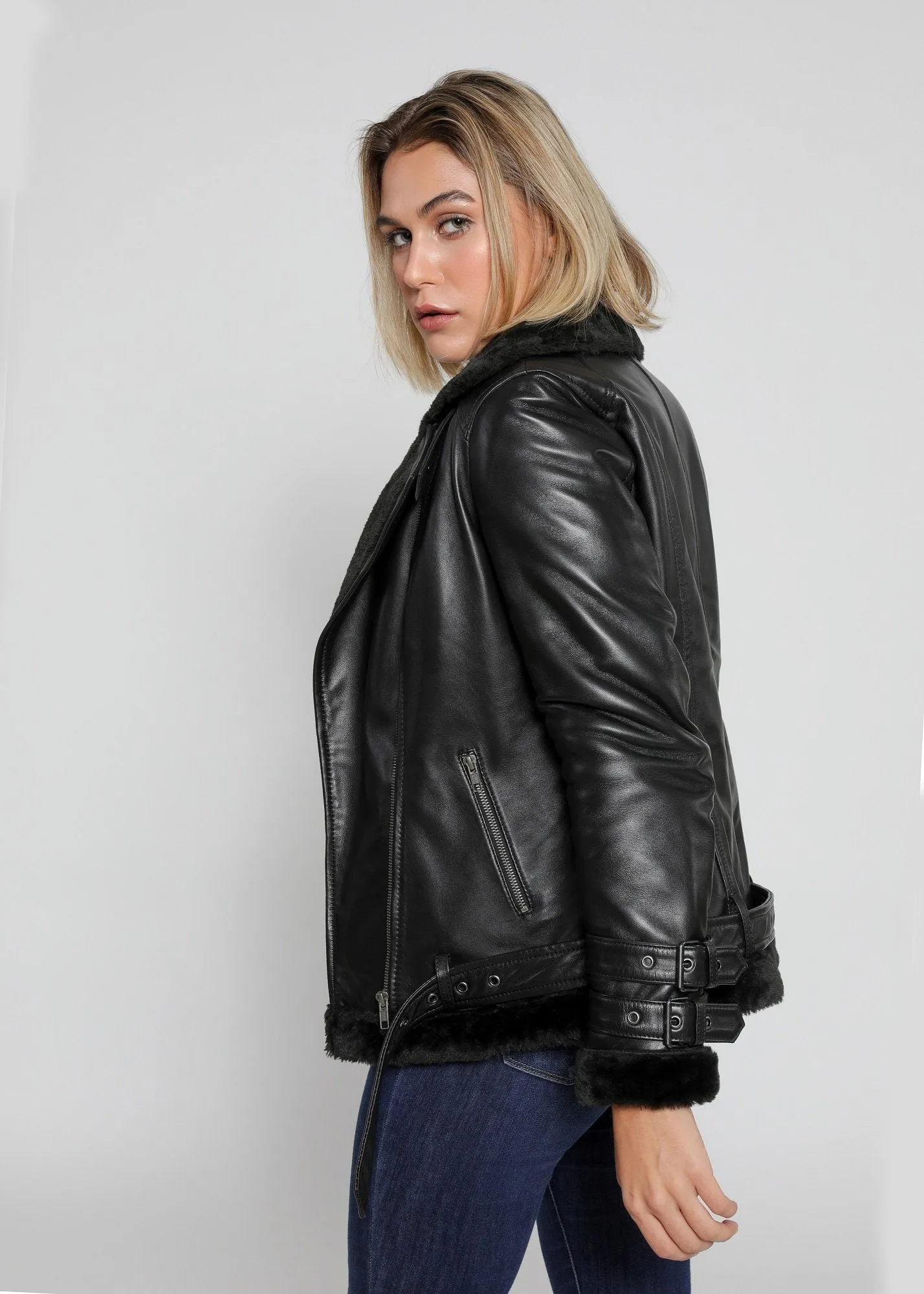 Women's Sylvia Black Shearling Fur Leather Jacket