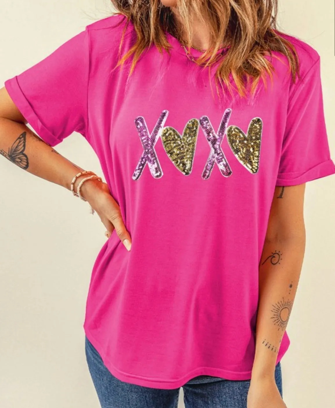 XOXO Glitter Hearts Rose Pink Graphic Tee