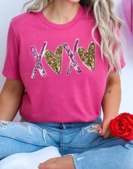 XOXO Glitter Hearts Rose Pink Graphic Tee